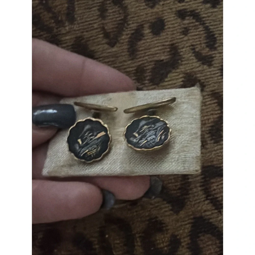 Black Gold Tone Cufflinks Asian Scenic Motif Damascene Style MCM VTG Orig Packg